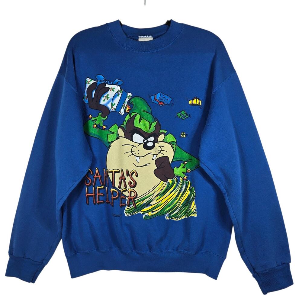 Vintage Looney Tunes Sweatshirt Mens Large Blue Taz‎ Santa's Helper Made USA 90s